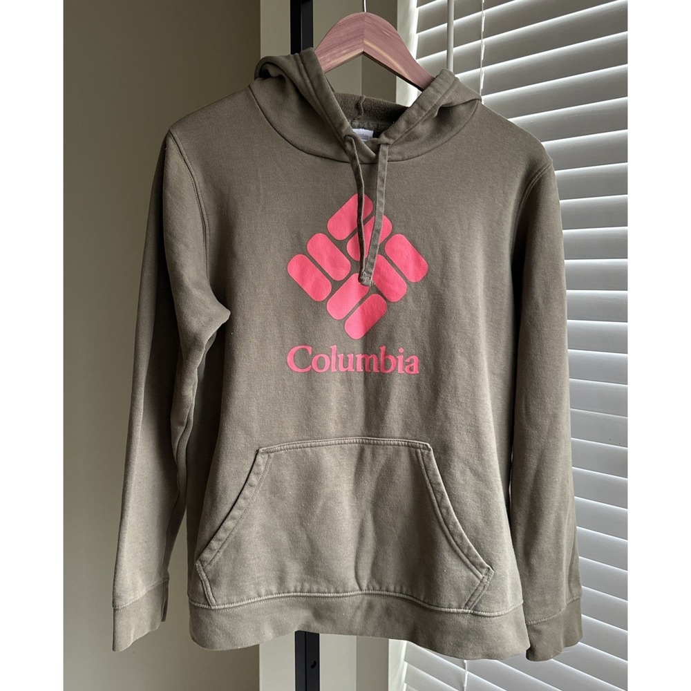 Columbia Sportswear Fleece Hoodie Womens Size XL Pocket Olive W/pink Logo
